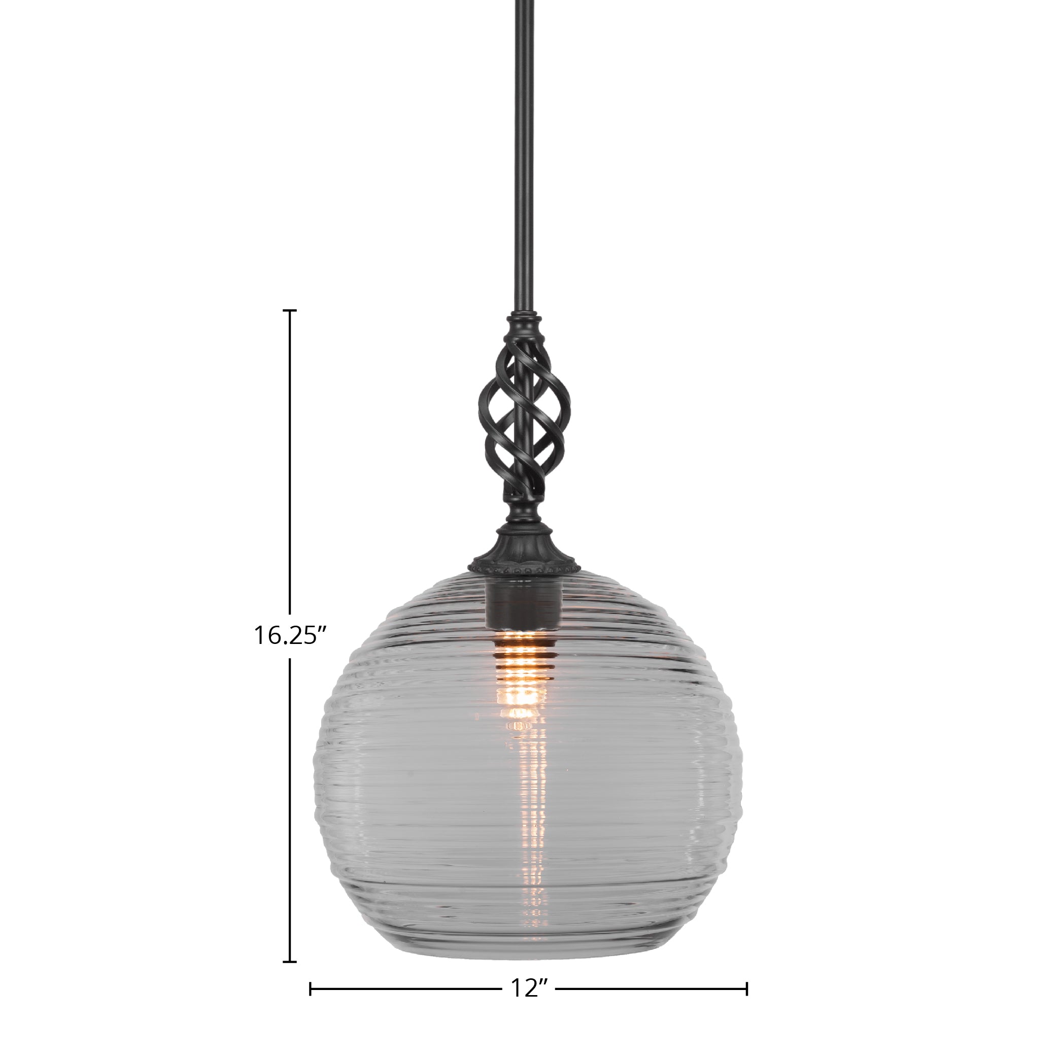 Eleganté One Light Mini Pendant in Matte Black with 12" Clear Ribbed Shade