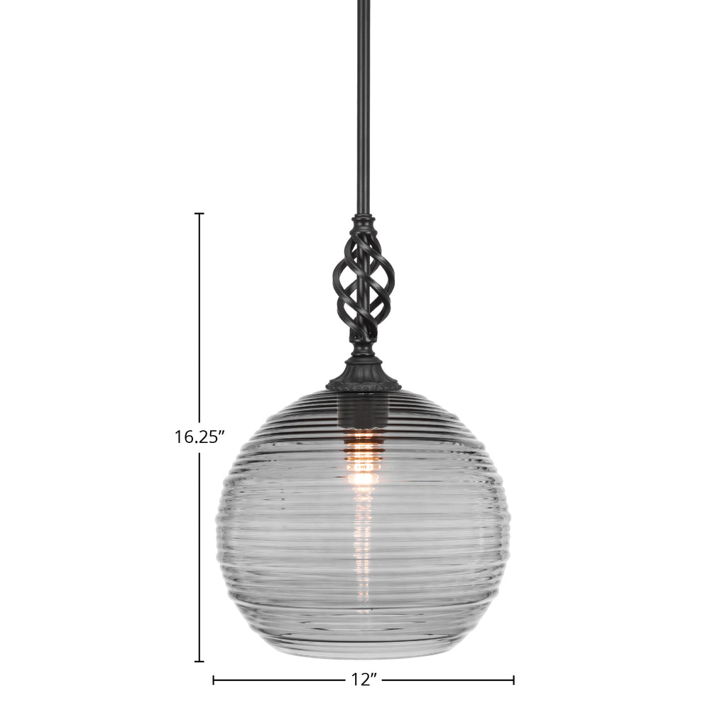 Eleganté One Light Mini Pendant in Matte Black with 12" Smoke Ribbed Shade