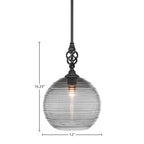 Eleganté One Light Mini Pendant in Matte Black with 12" Smoke Ribbed Shade