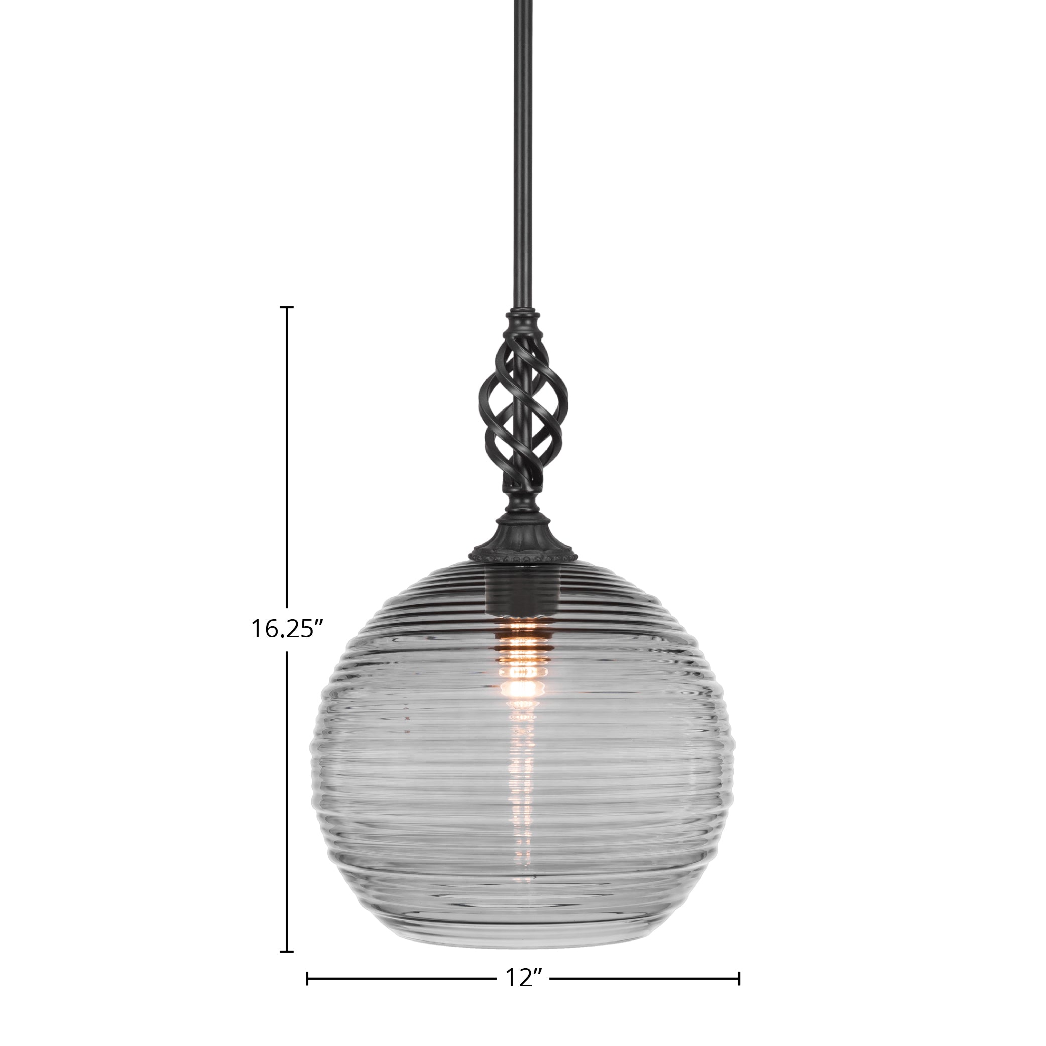 Eleganté One Light Mini Pendant in Matte Black with 12" Smoke Ribbed Shade
