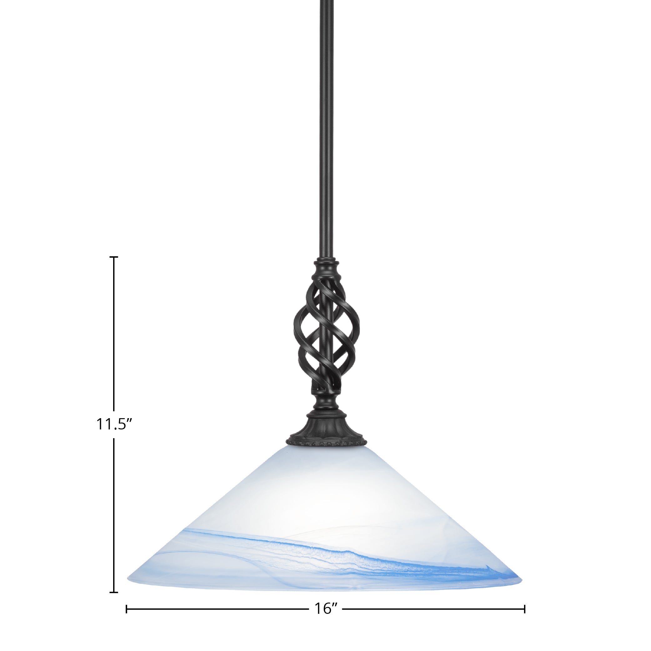 Eleganté One Light Mini Pendant in Matte Black with 16" Blue Swirl Shade