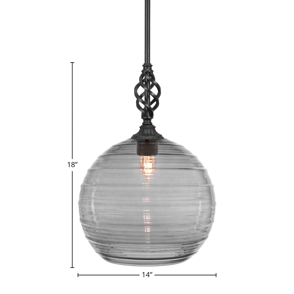 Eleganté One Light Mini Pendant in Matte Black with 14" Smoke Ribbed Shade