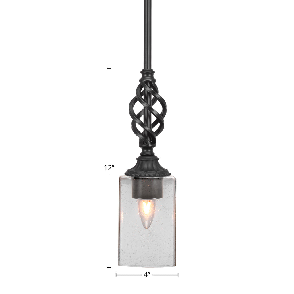 Eleganté One Light Mini Pendant in Matte Black with 4" Square Clear Bubble Shade