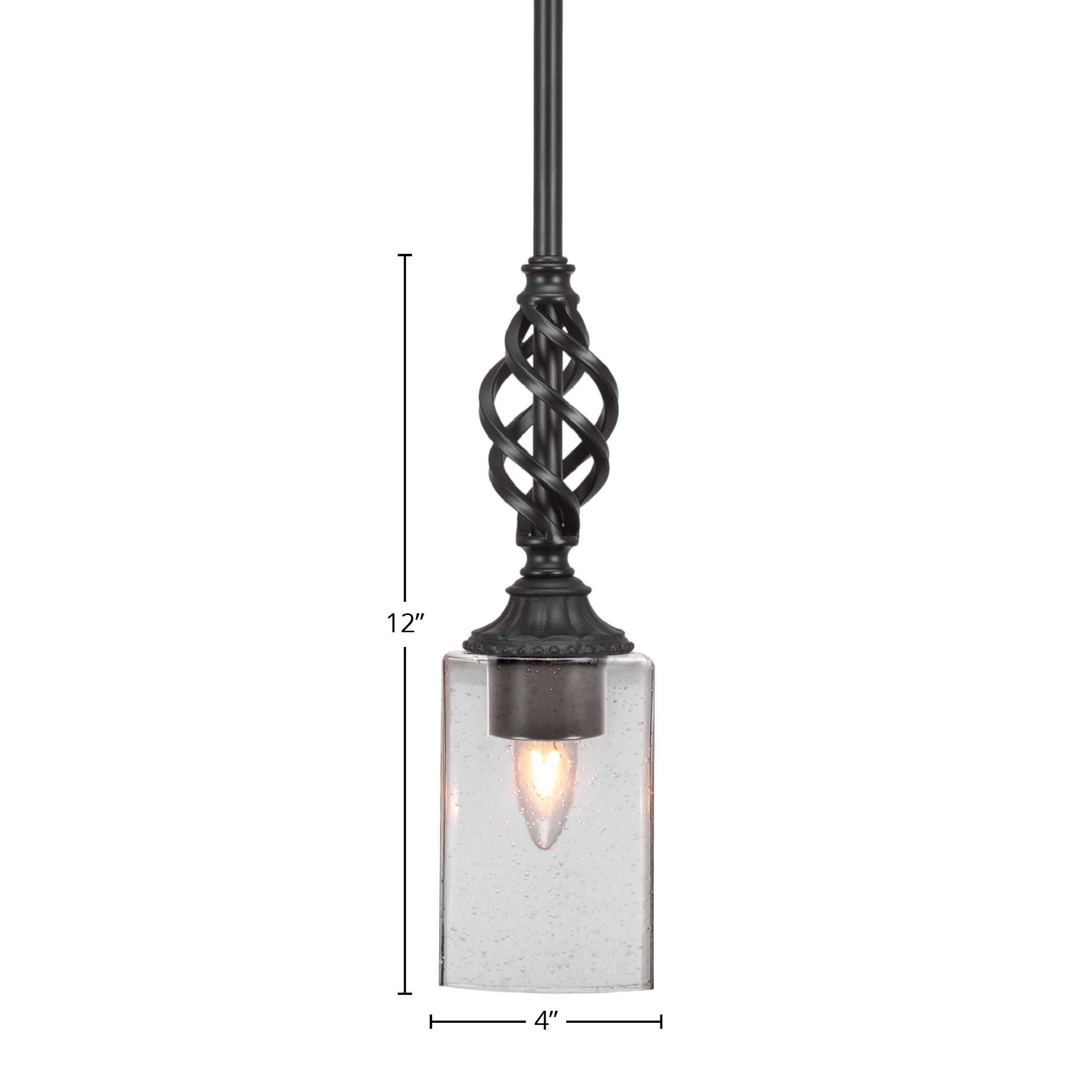 Eleganté One Light Mini Pendant in Matte Black with 4" Square Clear Bubble Shade