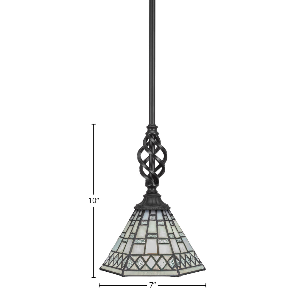 Eleganté One Light Mini Pendant in Matte Black with 7" Pewter Art Glass Shade