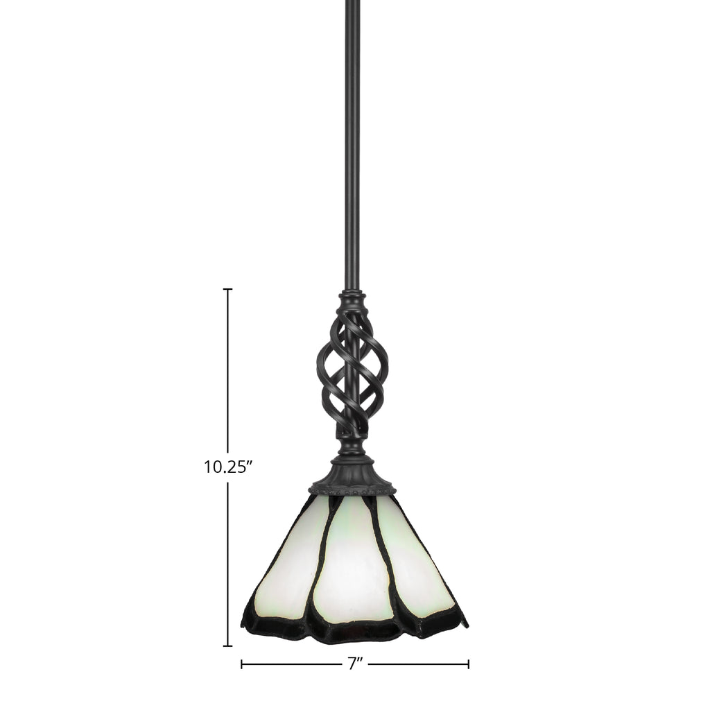 Eleganté One Light Mini Pendant in Matte Black with 7" Pearl & Black Flair Art Glass Shade