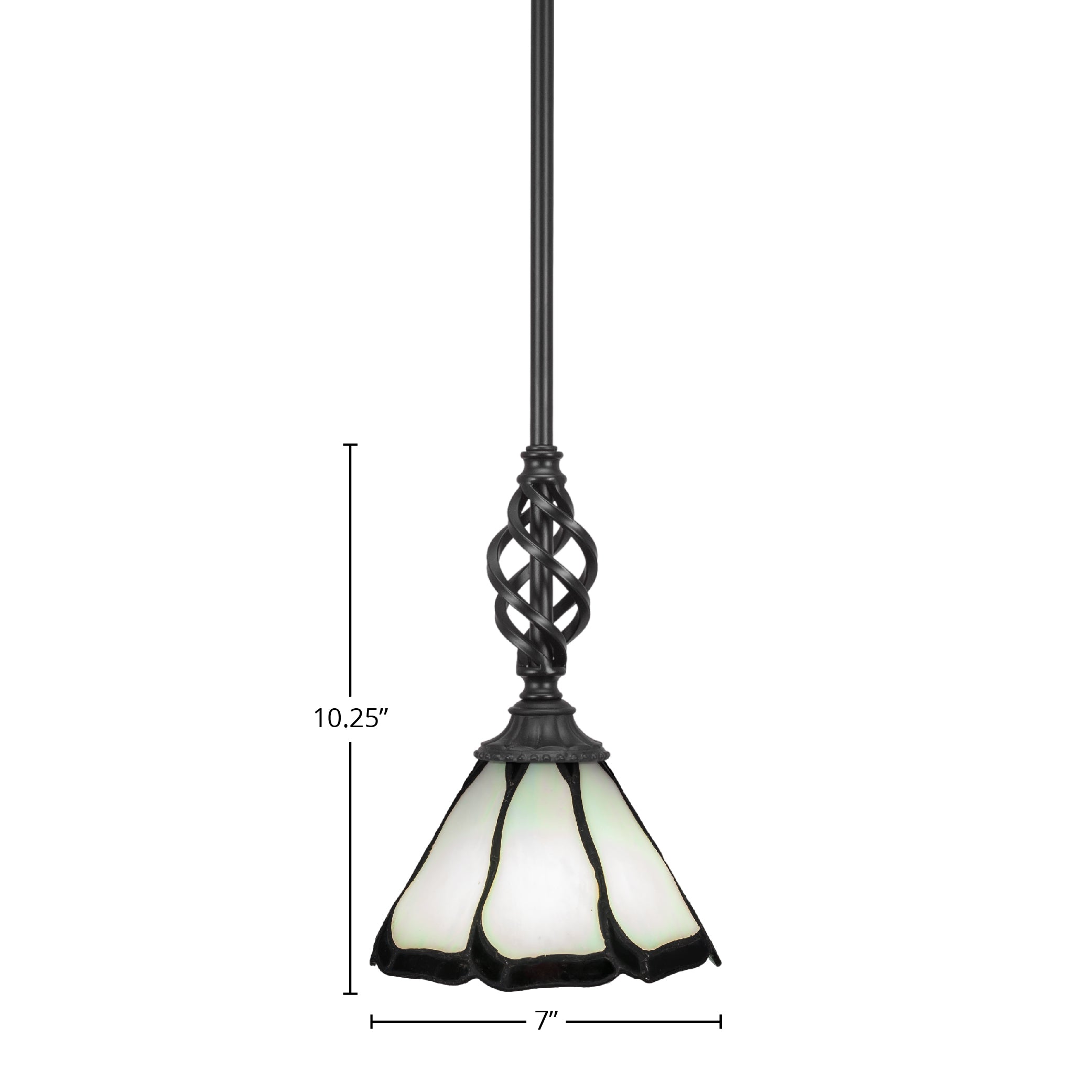 Eleganté One Light Mini Pendant in Matte Black with 7" Pearl & Black Flair Art Glass Shade