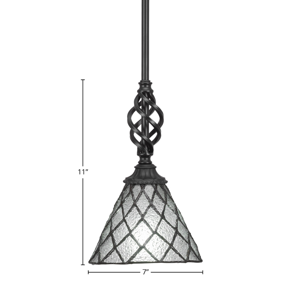 Eleganté One Light Mini Pendant in Matte Black with 7" Diamond Ice Art Glass Shade