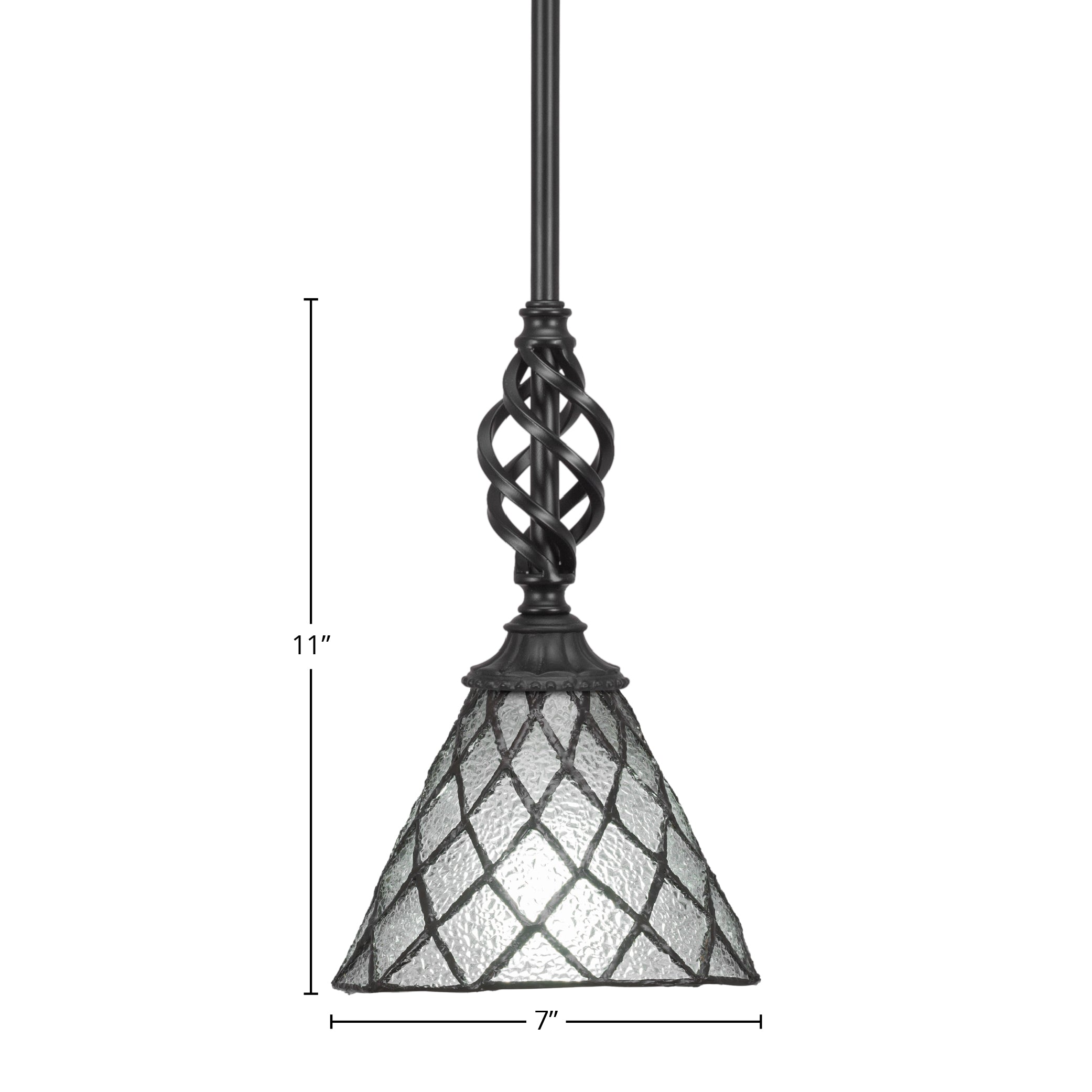 Eleganté One Light Mini Pendant in Matte Black with 7" Diamond Ice Art Glass Shade