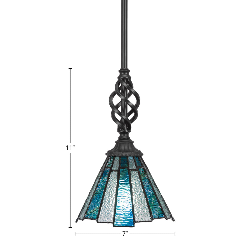 Eleganté One Light Mini Pendant in Matte Black with 7" Sea Ice Art Glass Shade