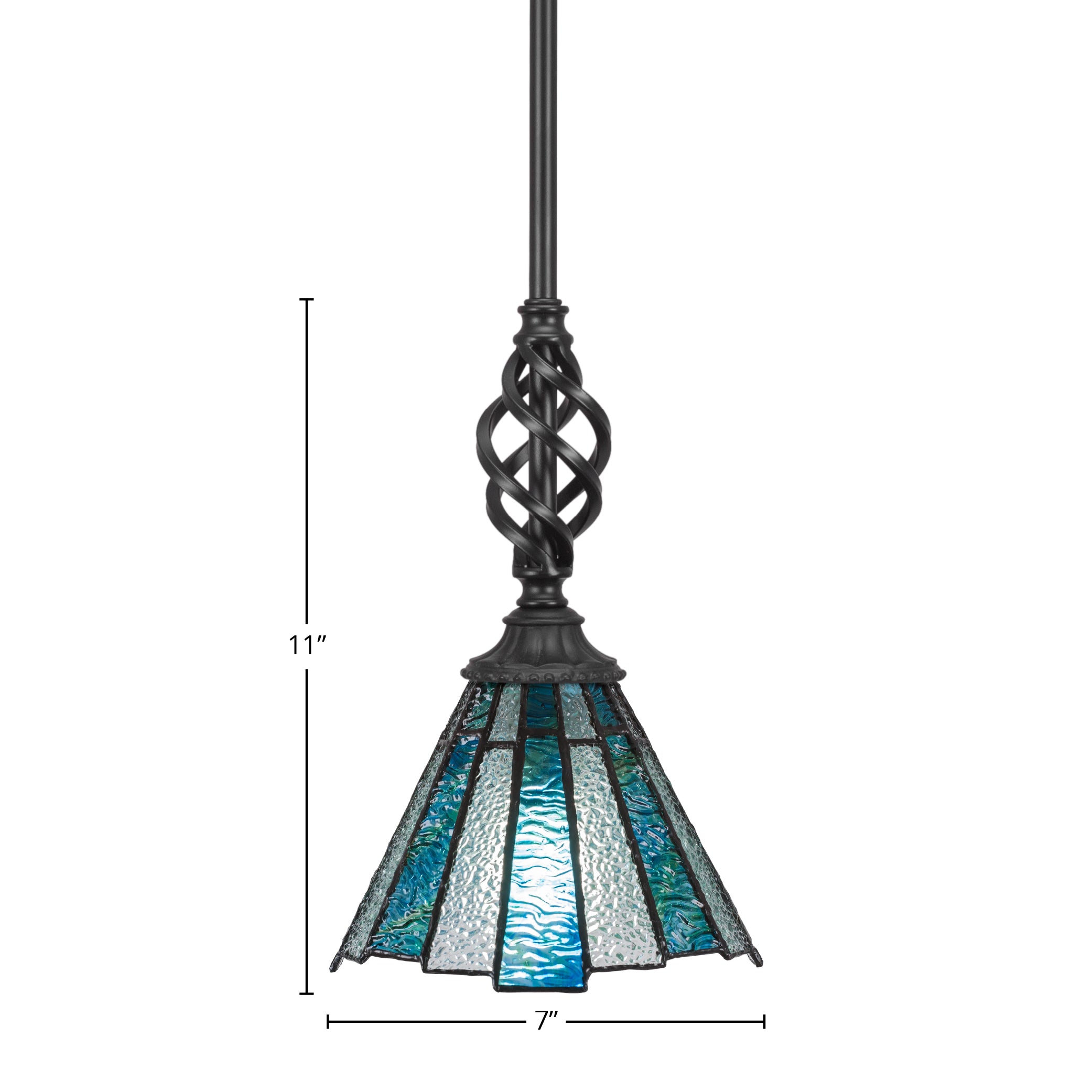 Eleganté One Light Mini Pendant in Matte Black with 7" Sea Ice Art Glass Shade