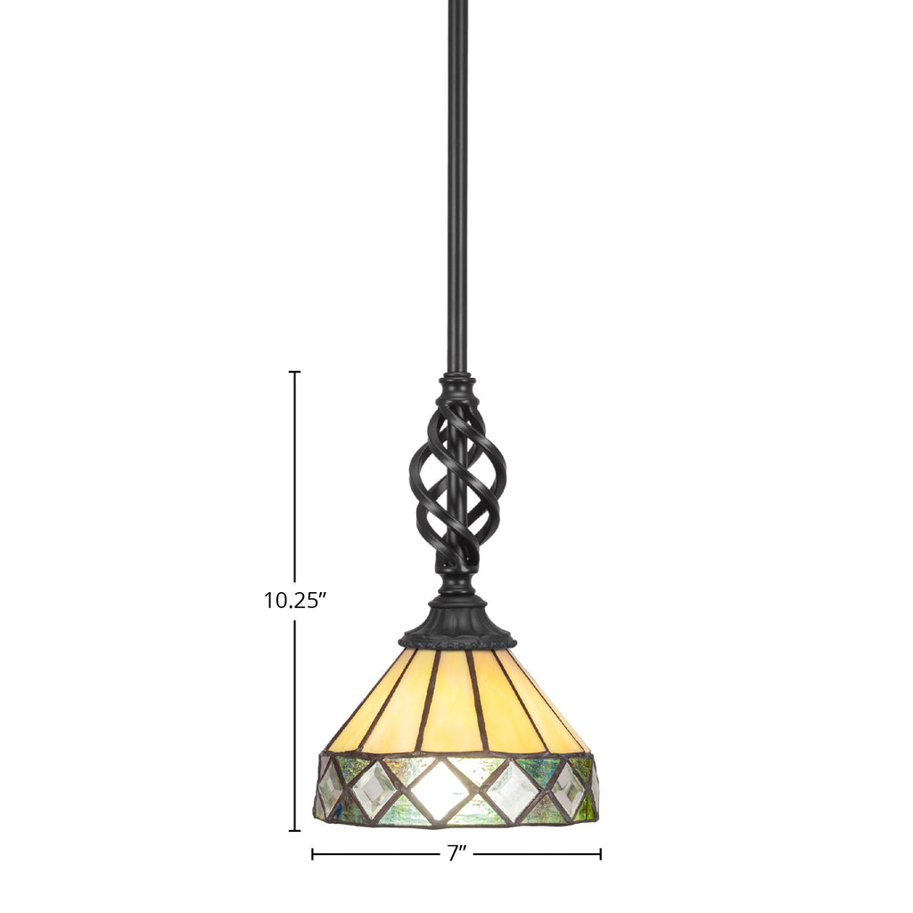 Eleganté One Light Mini Pendant in Matte Black with 7" Diamond Peak Art Glass Shade