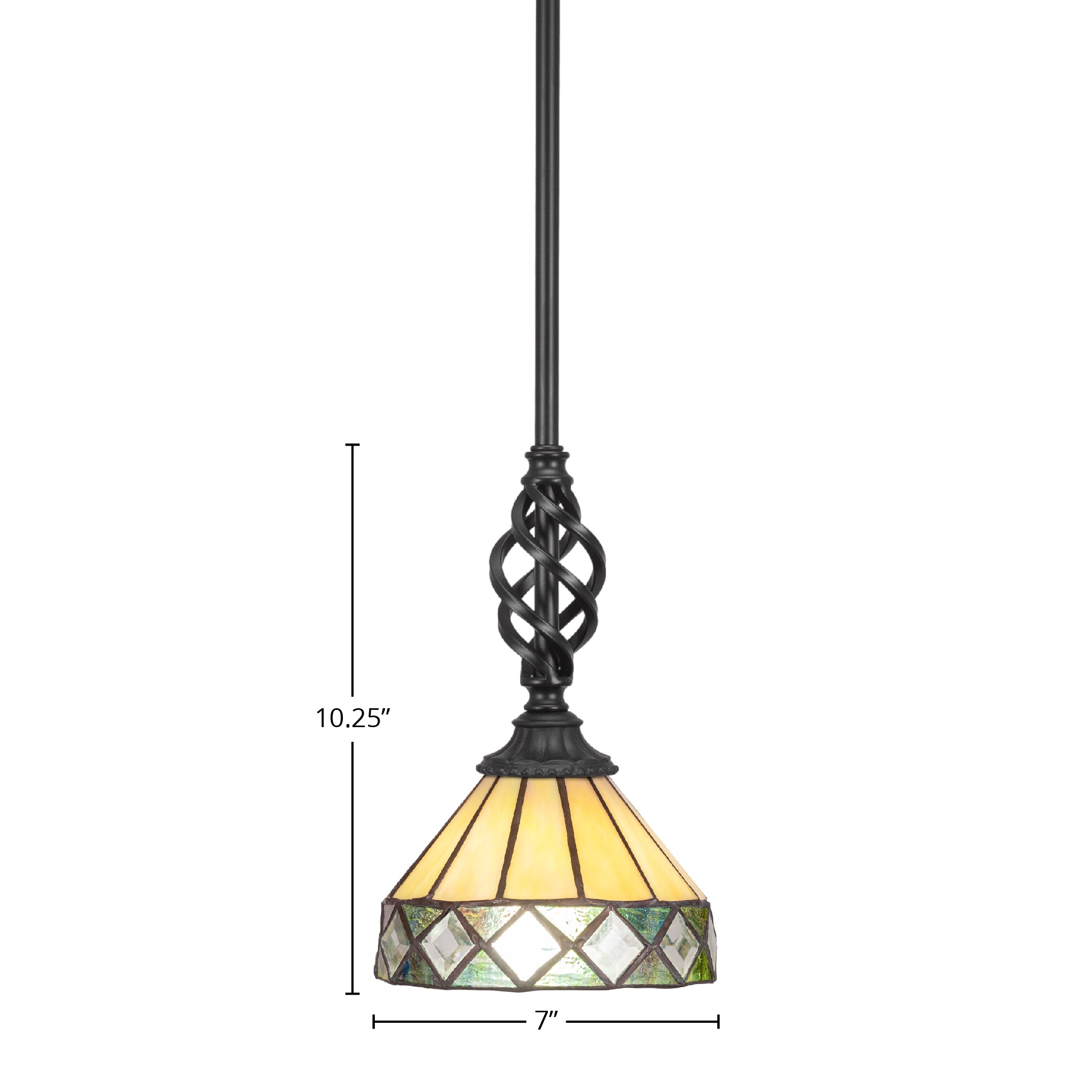 Eleganté One Light Mini Pendant in Matte Black with 7" Diamond Peak Art Glass Shade