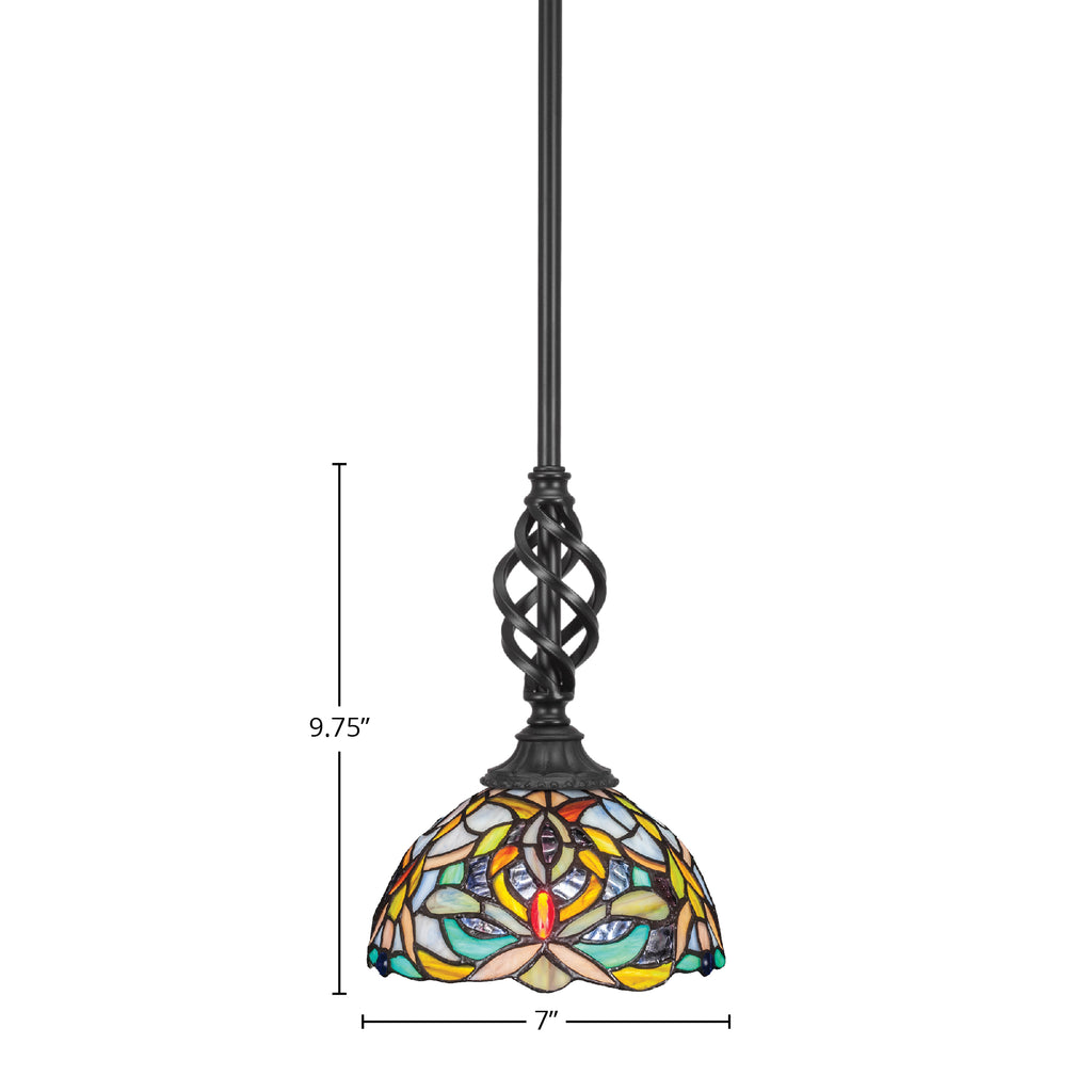 Eleganté One Light Mini Pendant in Matte Black with 7" Kaleidoscope Art Glass Shade