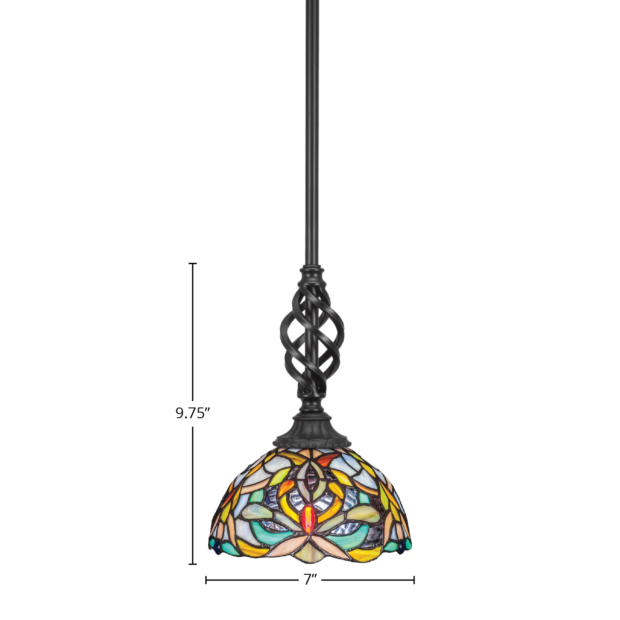 Eleganté One Light Mini Pendant in Matte Black with 7" Kaleidoscope Art Glass Shade