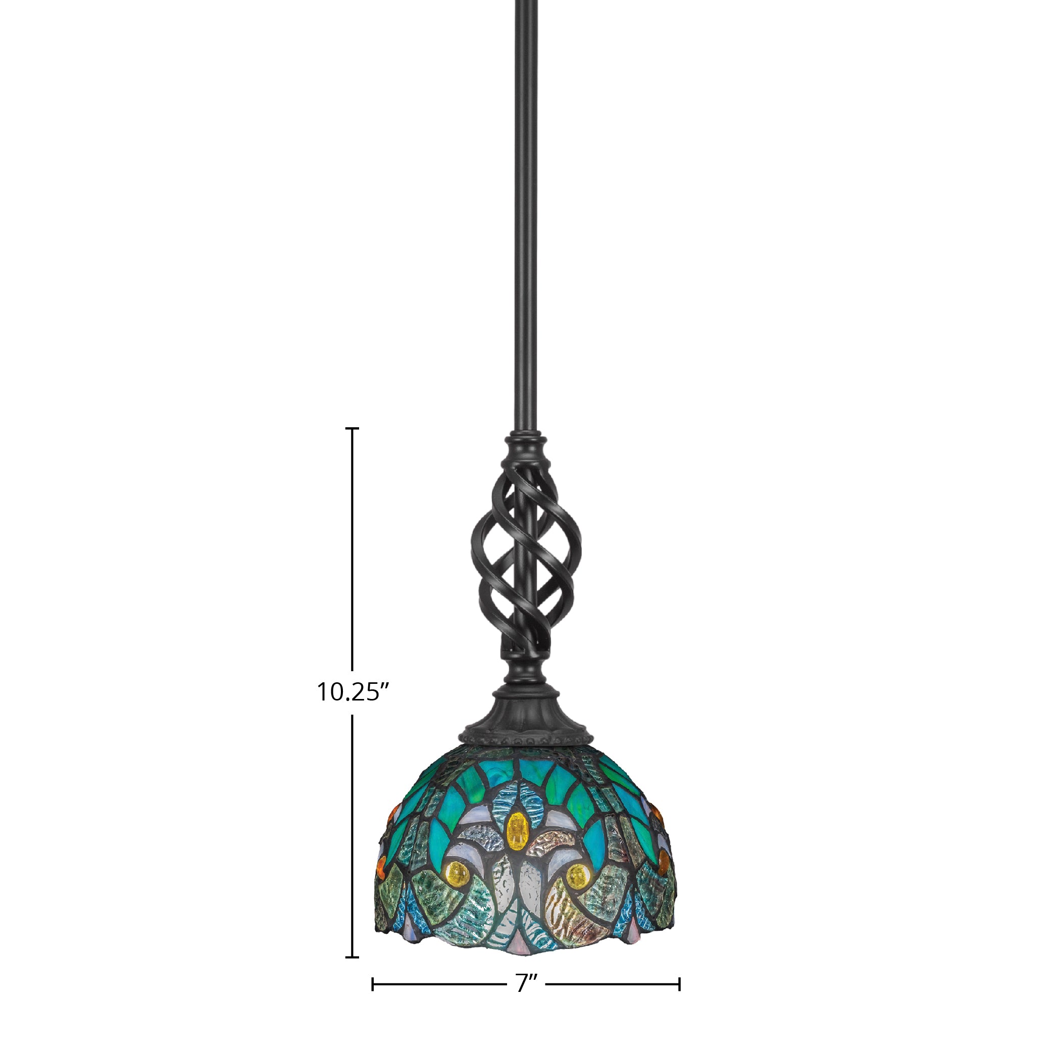 Eleganté One Light Mini Pendant in Matte Black with 7" Turquoise Cypress Art Glass Shade