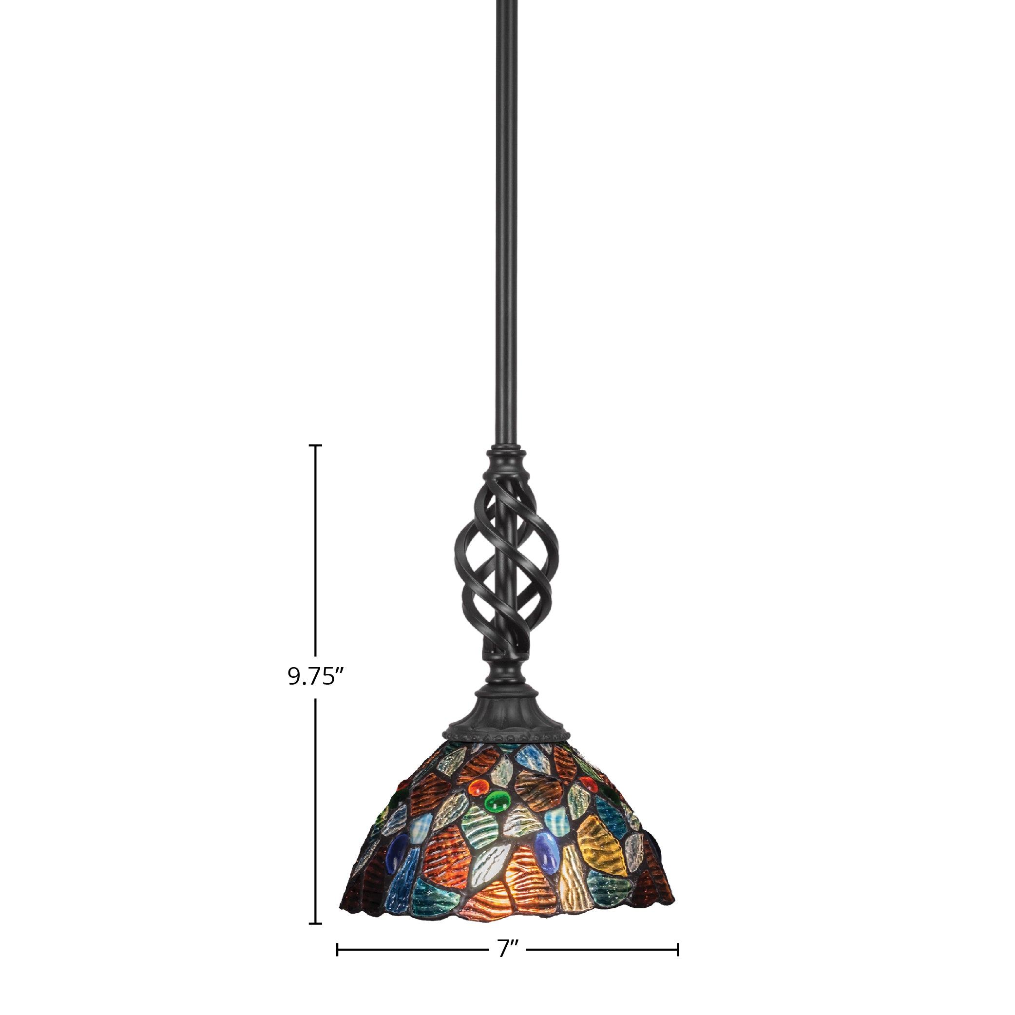 Eleganté One Light Mini Pendant in Matte Black with 7" Blue Mosaic Art Glass Shade
