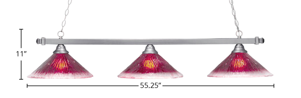 Square Three Light Bar in Brushed Nickel with 16" Raspberry Crystal Shade