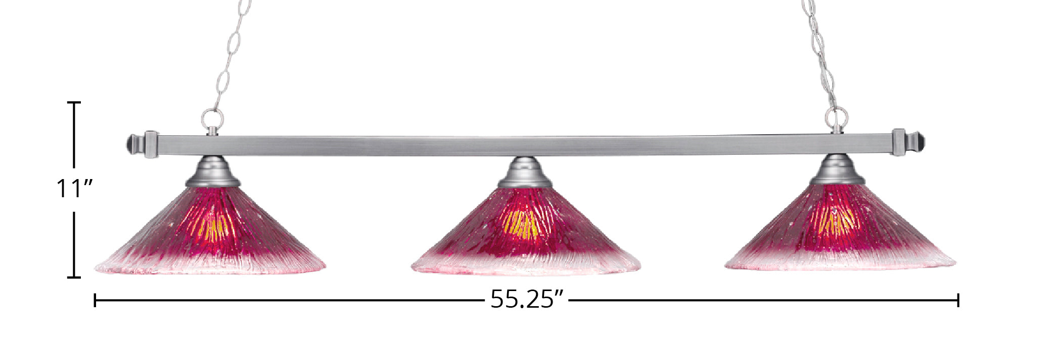 Square Three Light Bar in Brushed Nickel with 16" Raspberry Crystal Shade
