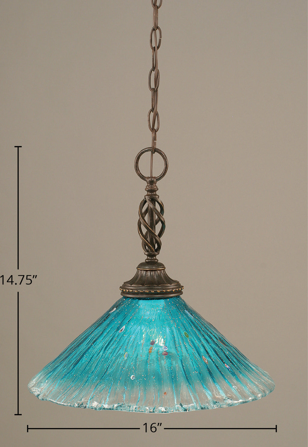 Eleganté One Light Pendant in Dark Granite with 16" Teal Crystal Shade