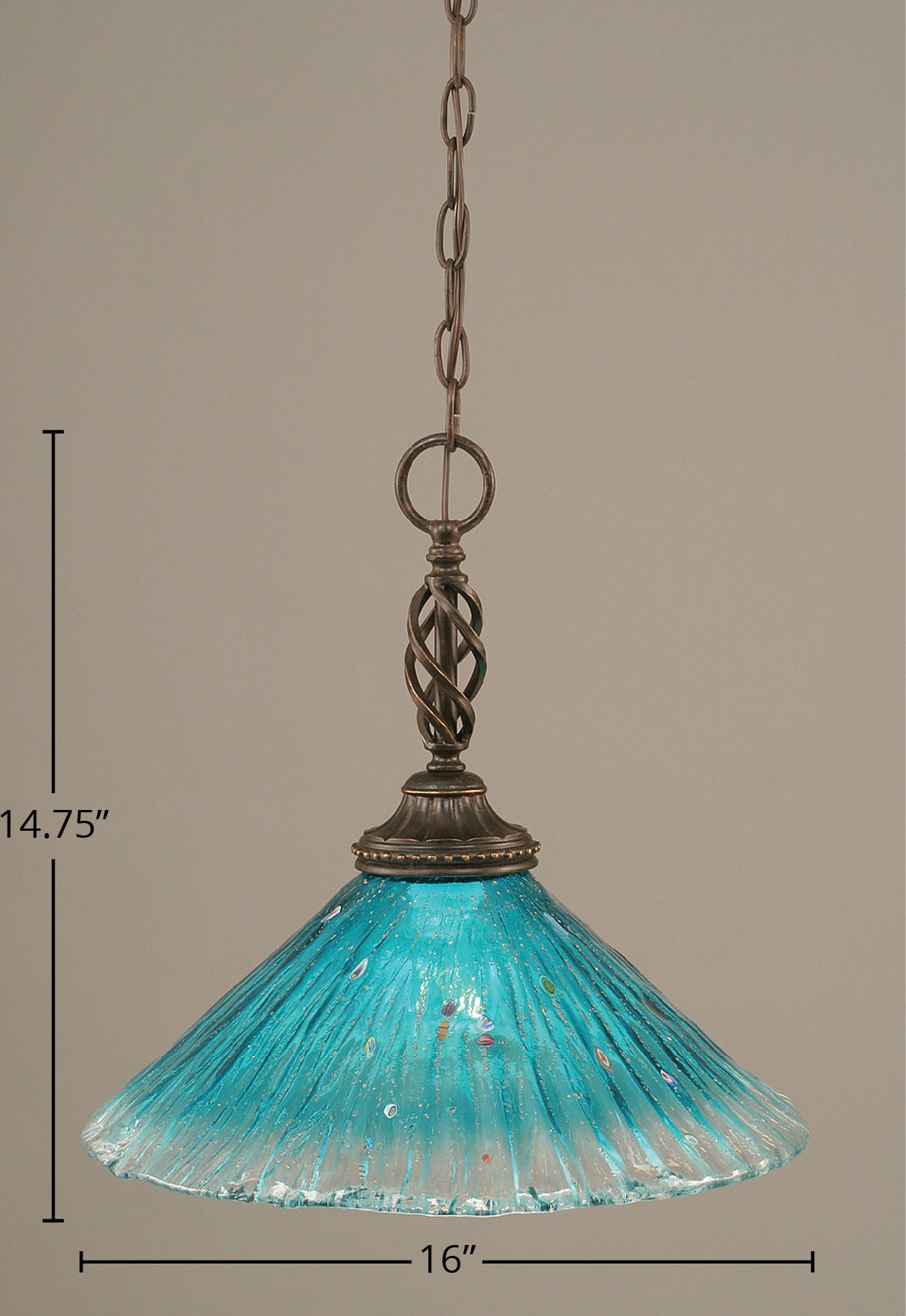 Eleganté One Light Pendant in Dark Granite with 16" Teal Crystal Shade