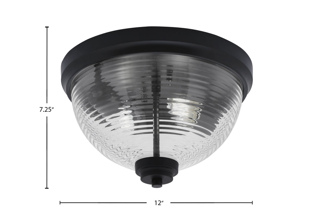 Flush Mounts Two Light Flush Mount in Matte Black with Clear Ribbed Shade