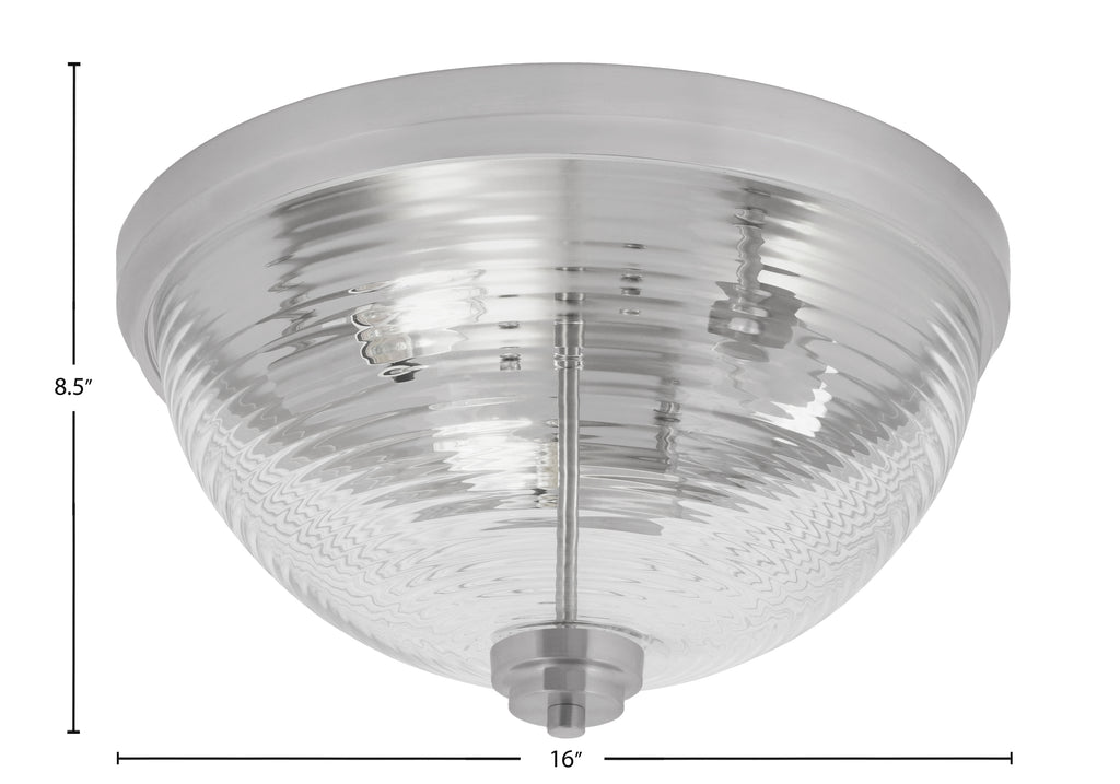 Flush Mounts Three Light Flush Mount in Brushed Nickel with Clear Ribbed Shade