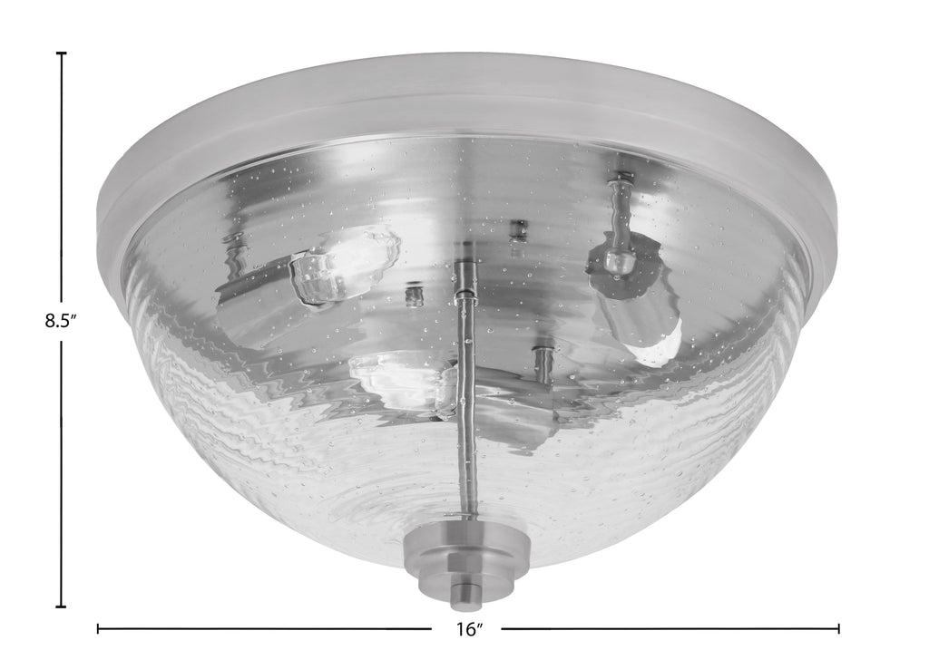 Flush Mounts Three Light Flush Mount in Brushed Nickel with Ribbed Clear Bubble Shade