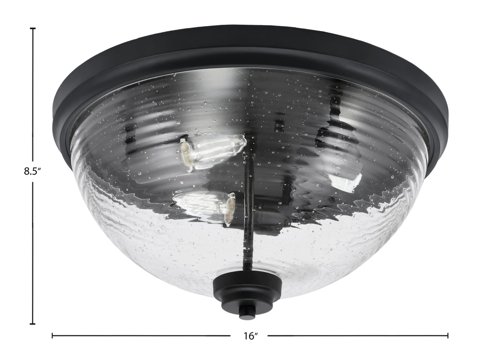 Flush Mounts Three Light Flush Mount in Matte Black with Ribbed Clear Bubble Shade