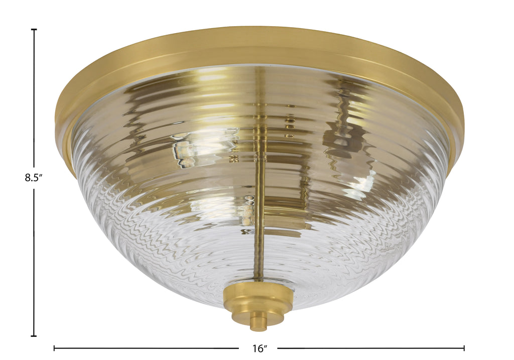 Flush Mounts Three Light Flush Mount in New Age Brass with Clear Ribbed Shade