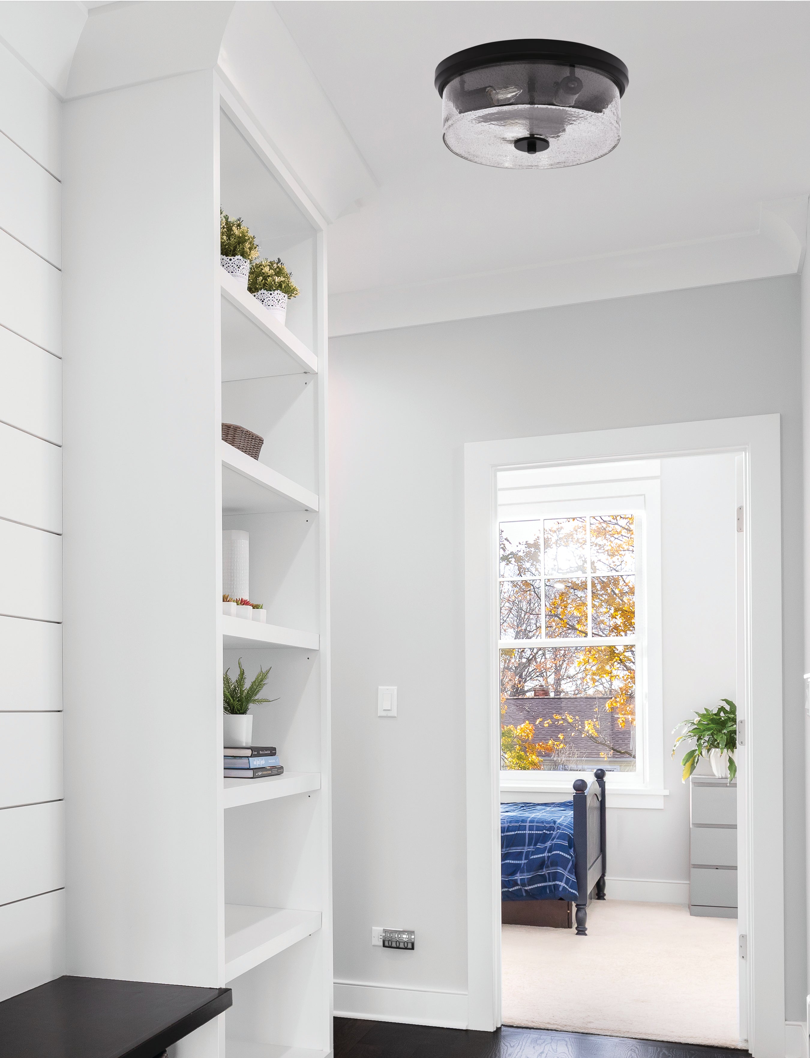 Flush Mounts Three Light Flush Mount in Matte Black with Smoke Bubble Shade