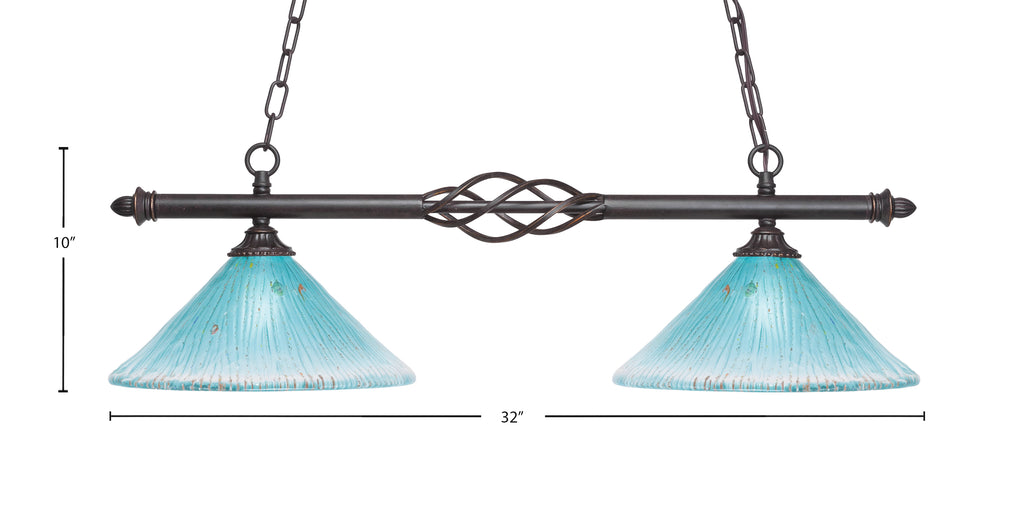 Eleganté Two Light Island Pendant in Dark Granite with 12" Teal Crystal Shade