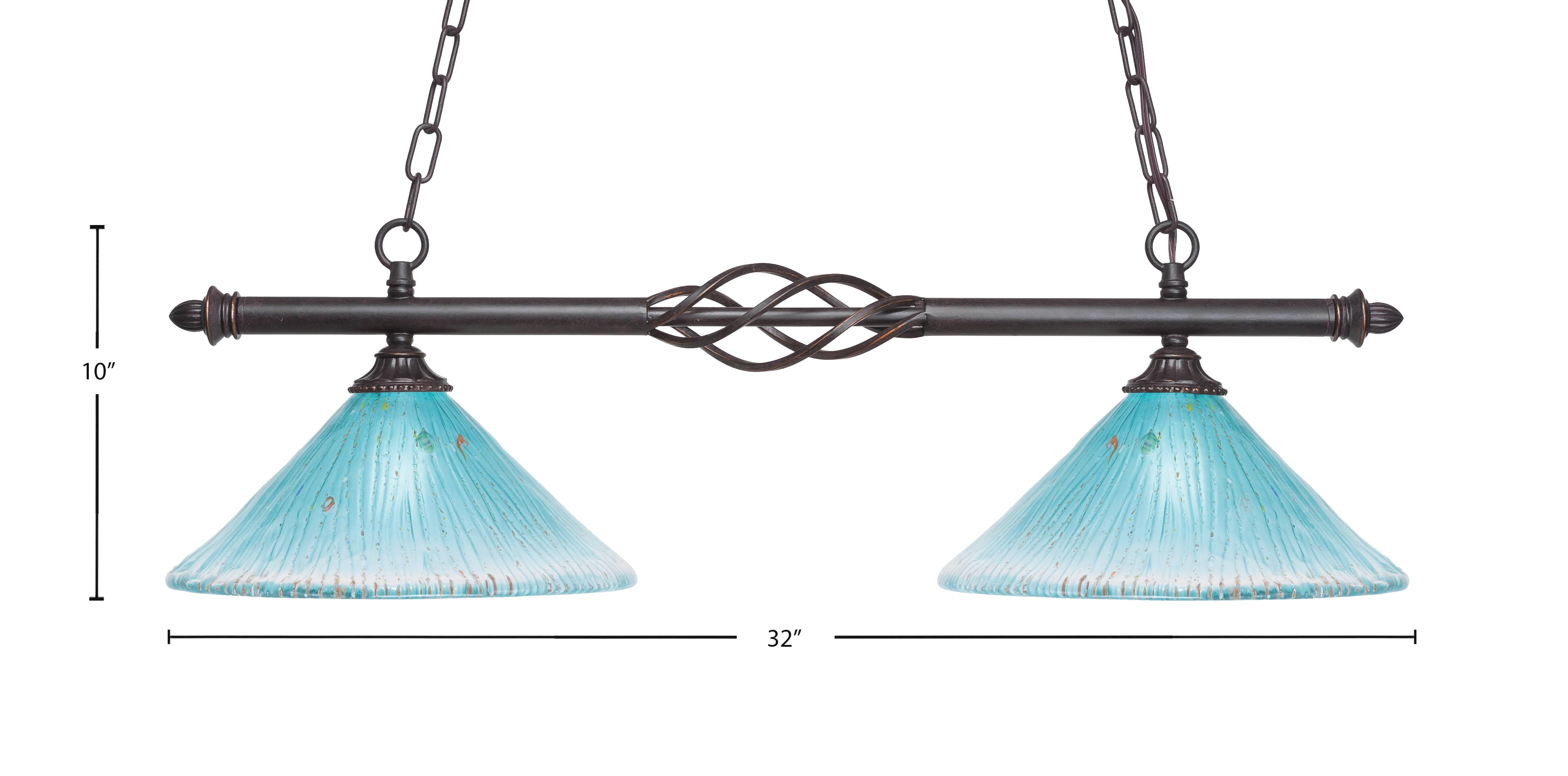 Eleganté Two Light Island Pendant in Dark Granite with 12" Teal Crystal Shade
