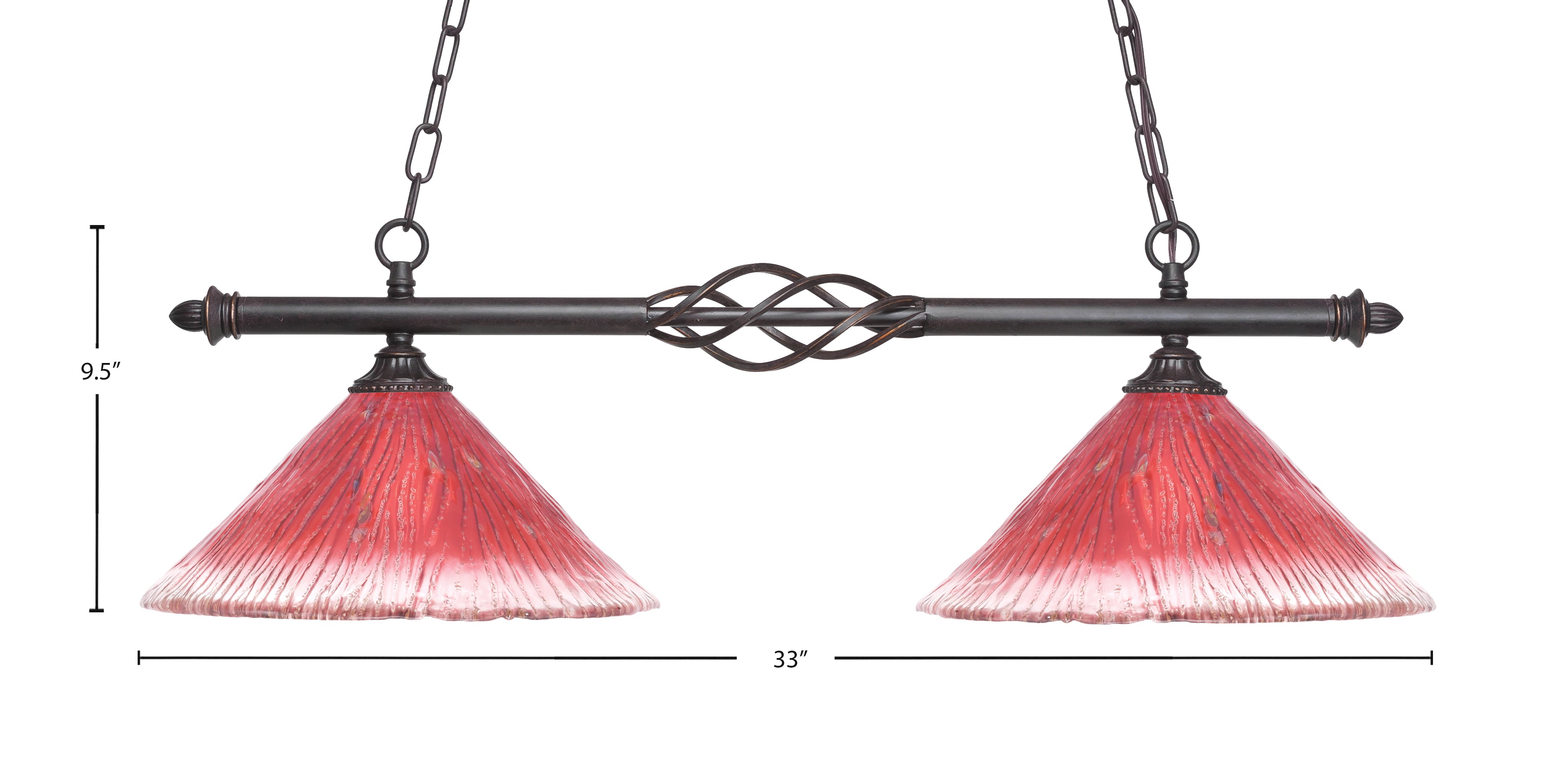Eleganté Two Light Island Pendant in Dark Granite with 12" Raspberry Crystal Shade