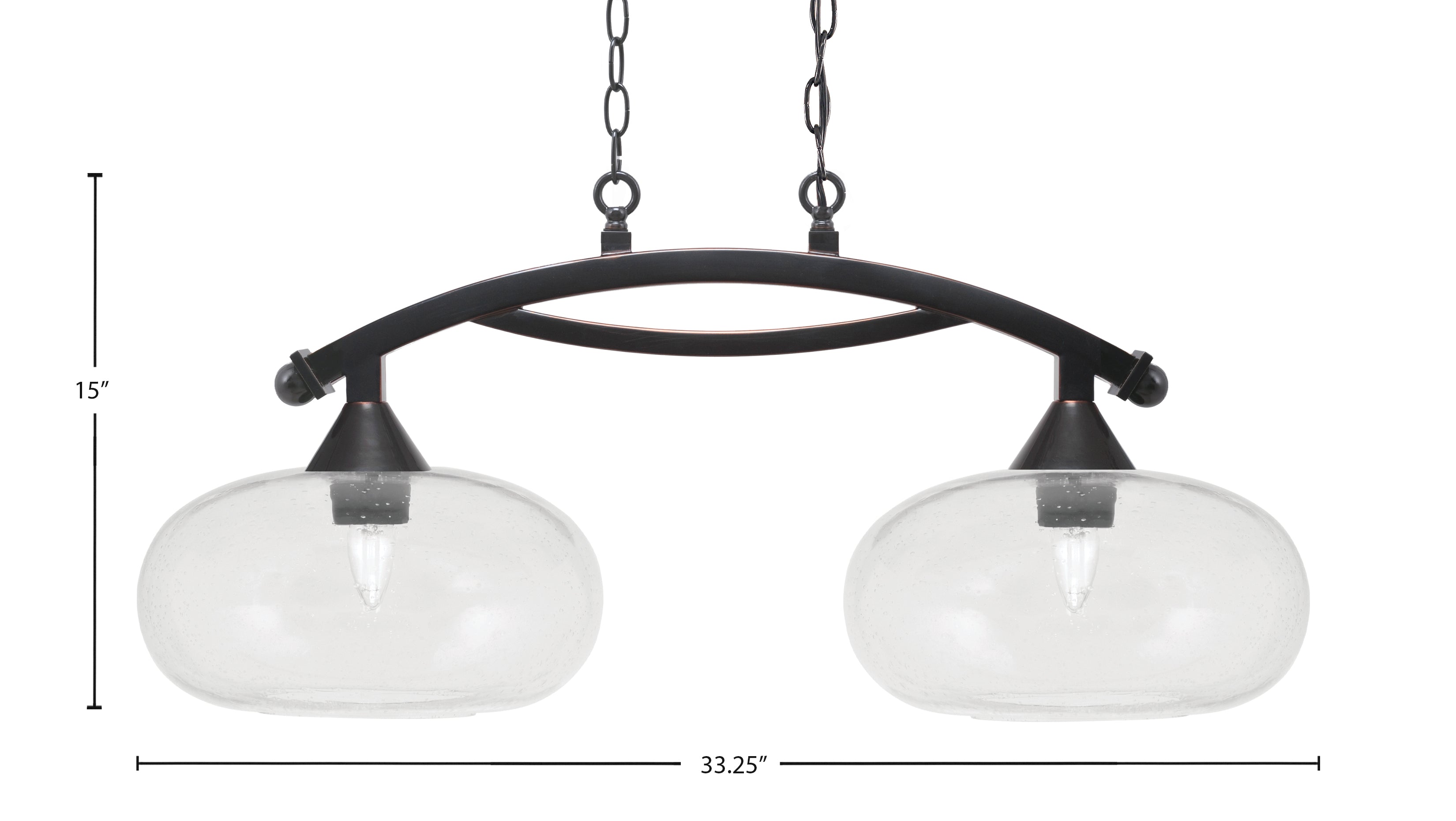 Bow Two Light Island Pendant in Black Copper with Clear Bubble Shade