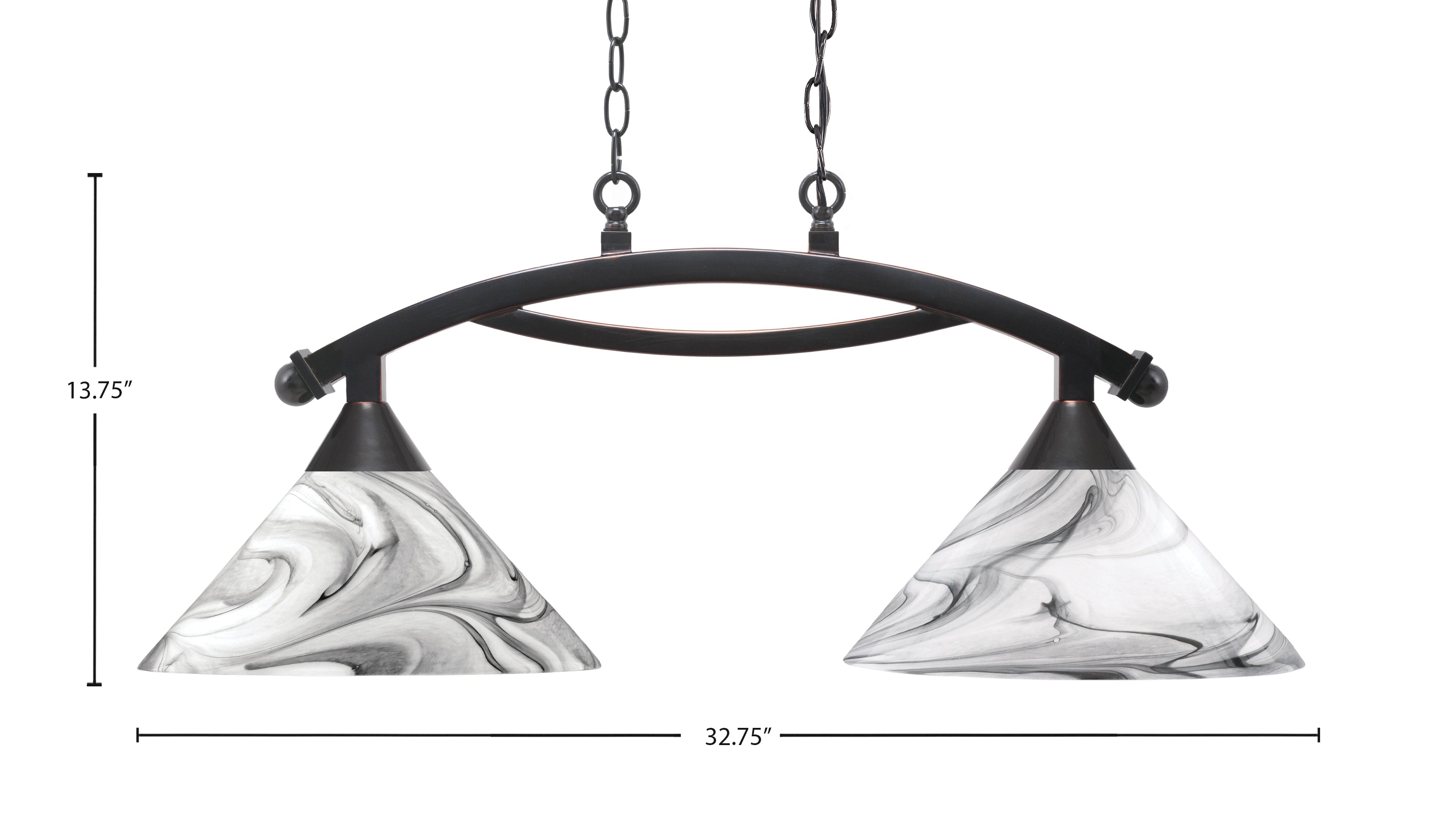 Bow Two Light Island Pendant in Black Copper with Onyx Swirl Shade