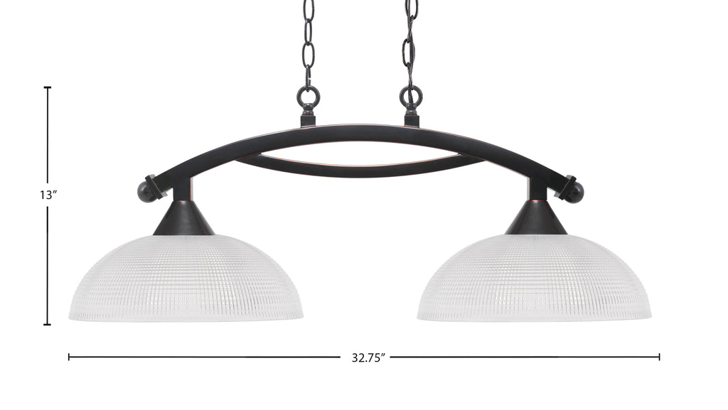Bow Two Light Island Pendant in Black Copper with Clear Ribbed Shade