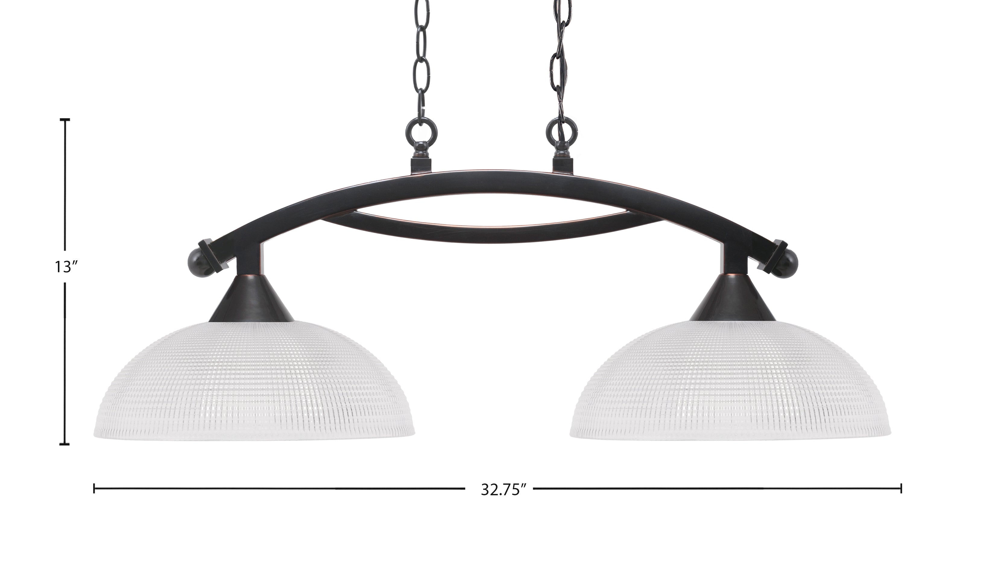 Bow Two Light Island Pendant in Black Copper with Clear Ribbed Shade