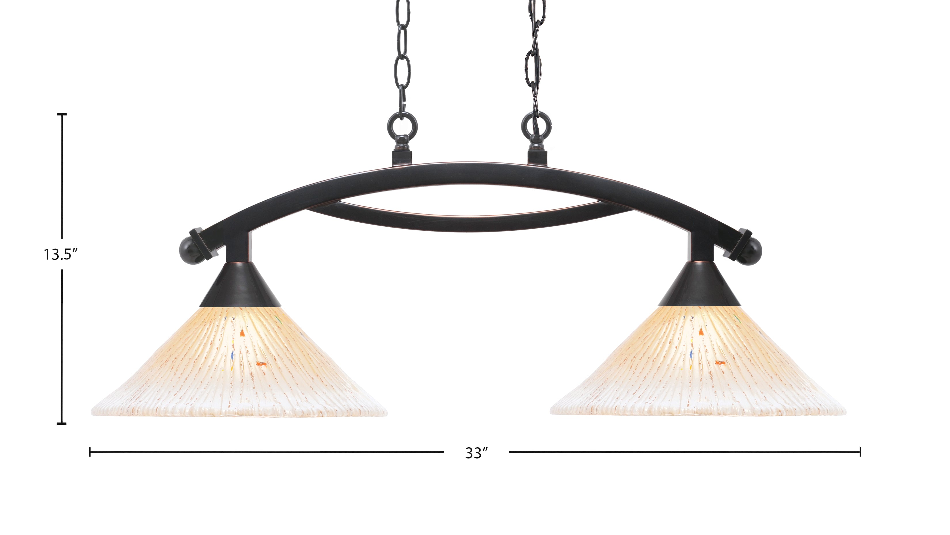 Bow Two Light Island Pendant in Black Copper with 12" Amber Crystal Shade