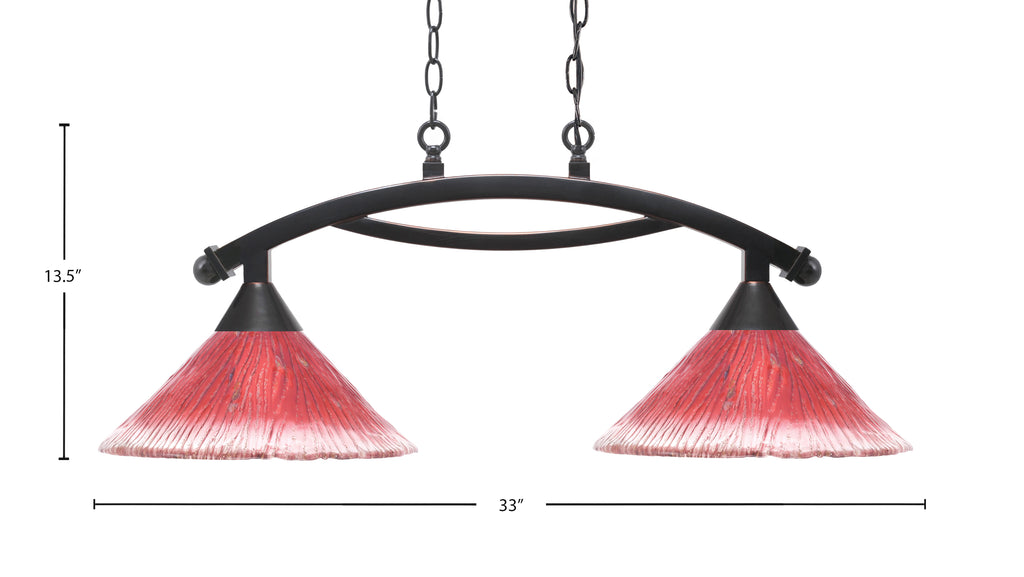 Bow Two Light Island Pendant in Black Copper with 12" Raspberry Crystal Shade