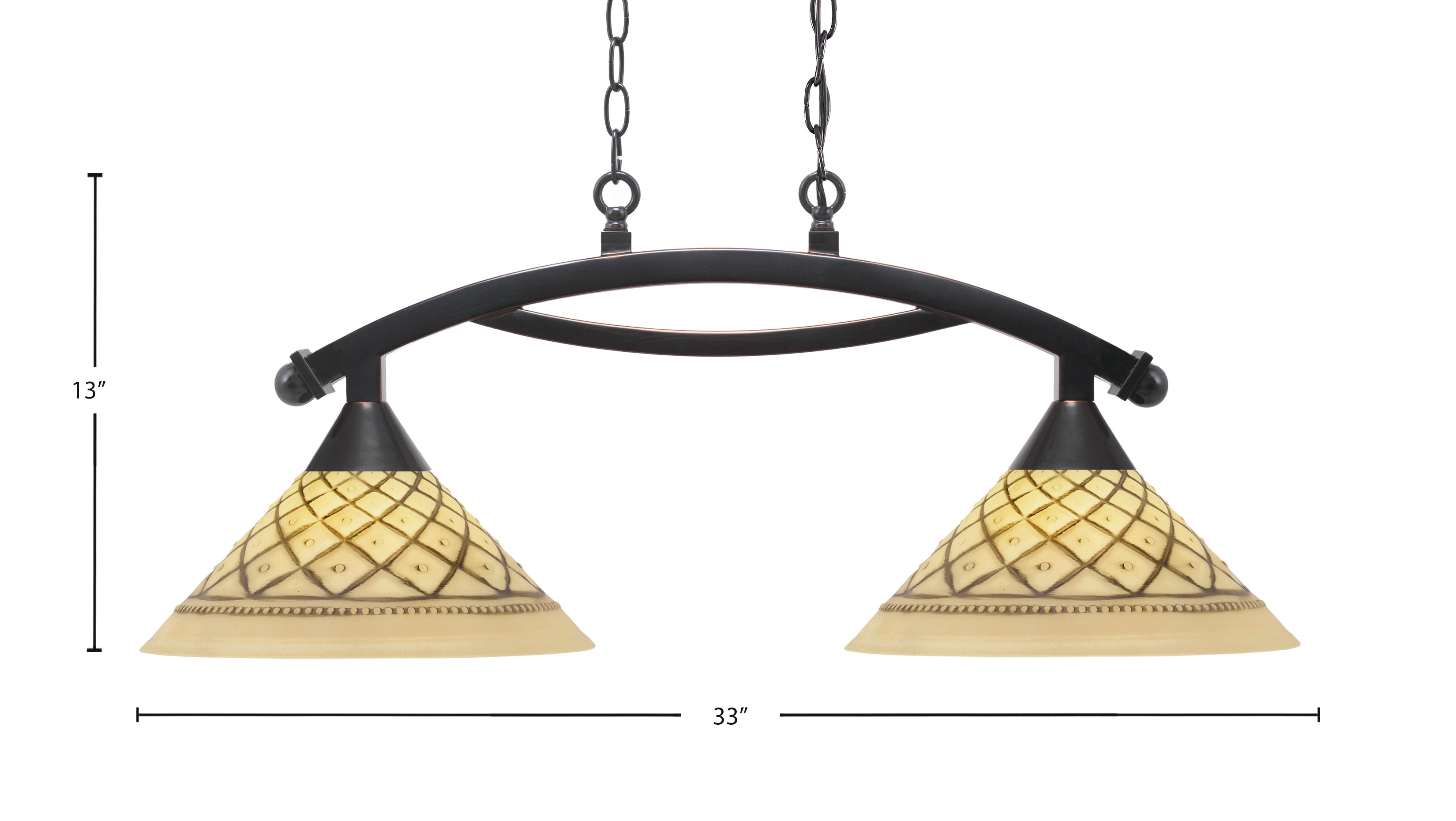 Bow Two Light Island Pendant in Black Copper with 12" Chocolate Icing Shade