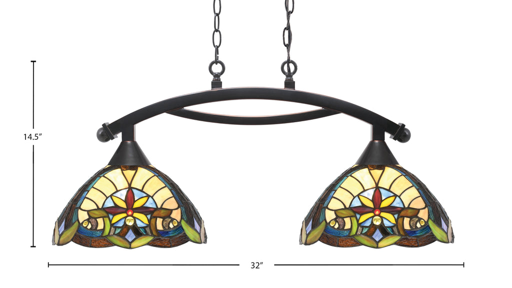 Bow Two Light Island Pendant in Black Copper with Earth Star Art Glass Shade