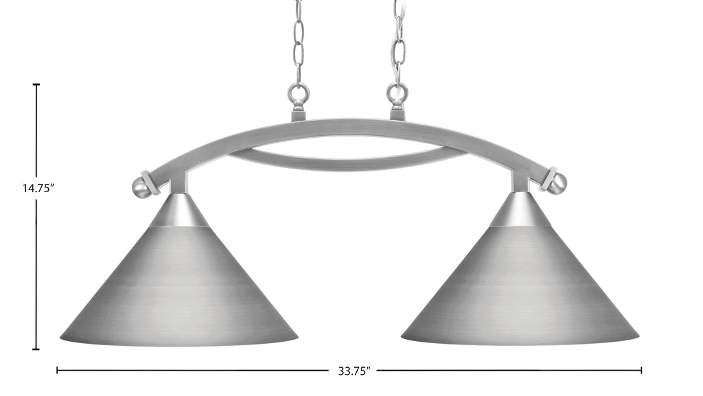Bow Two Light Island Pendant in Brushed Nickel with Brushed Nickel Cone Metal Shades Shade