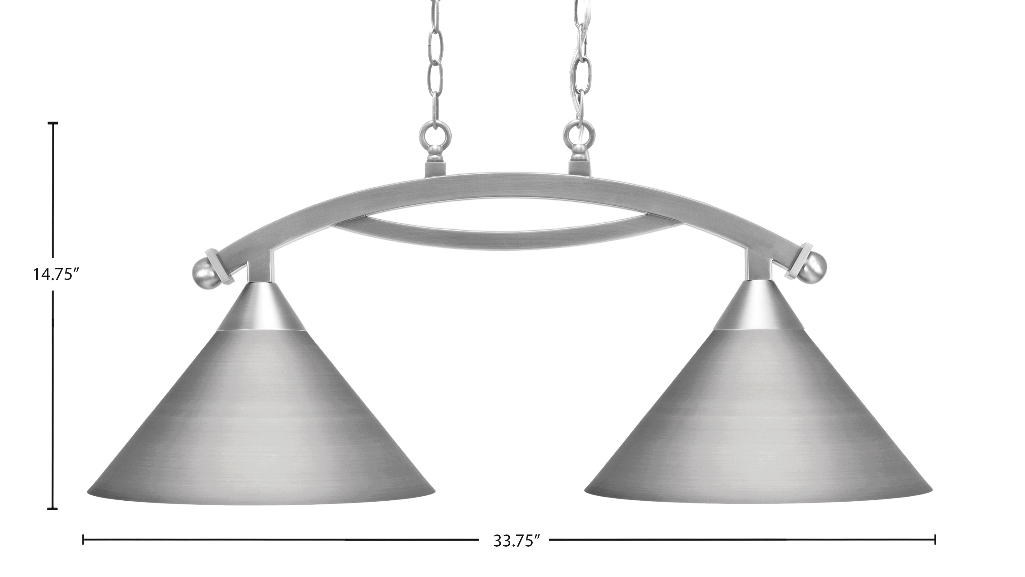 Bow Two Light Island Pendant in Brushed Nickel with Brushed Nickel Cone Metal Shades Shade