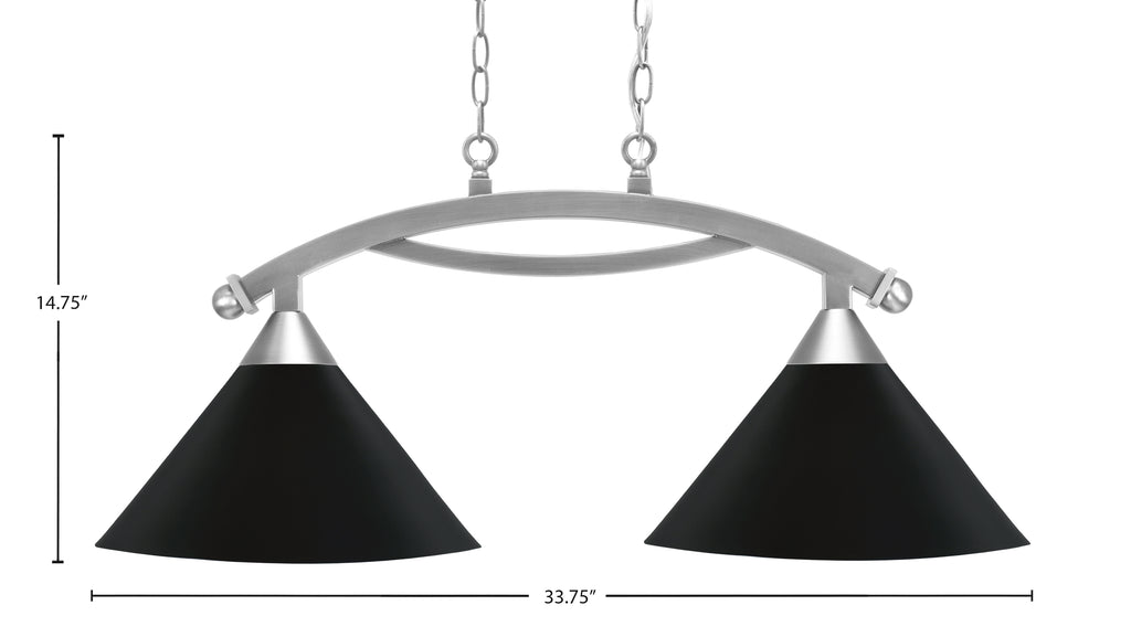Bow Two Light Island Pendant in Brushed Nickel with Matte Black Cone Metal Shades Shade