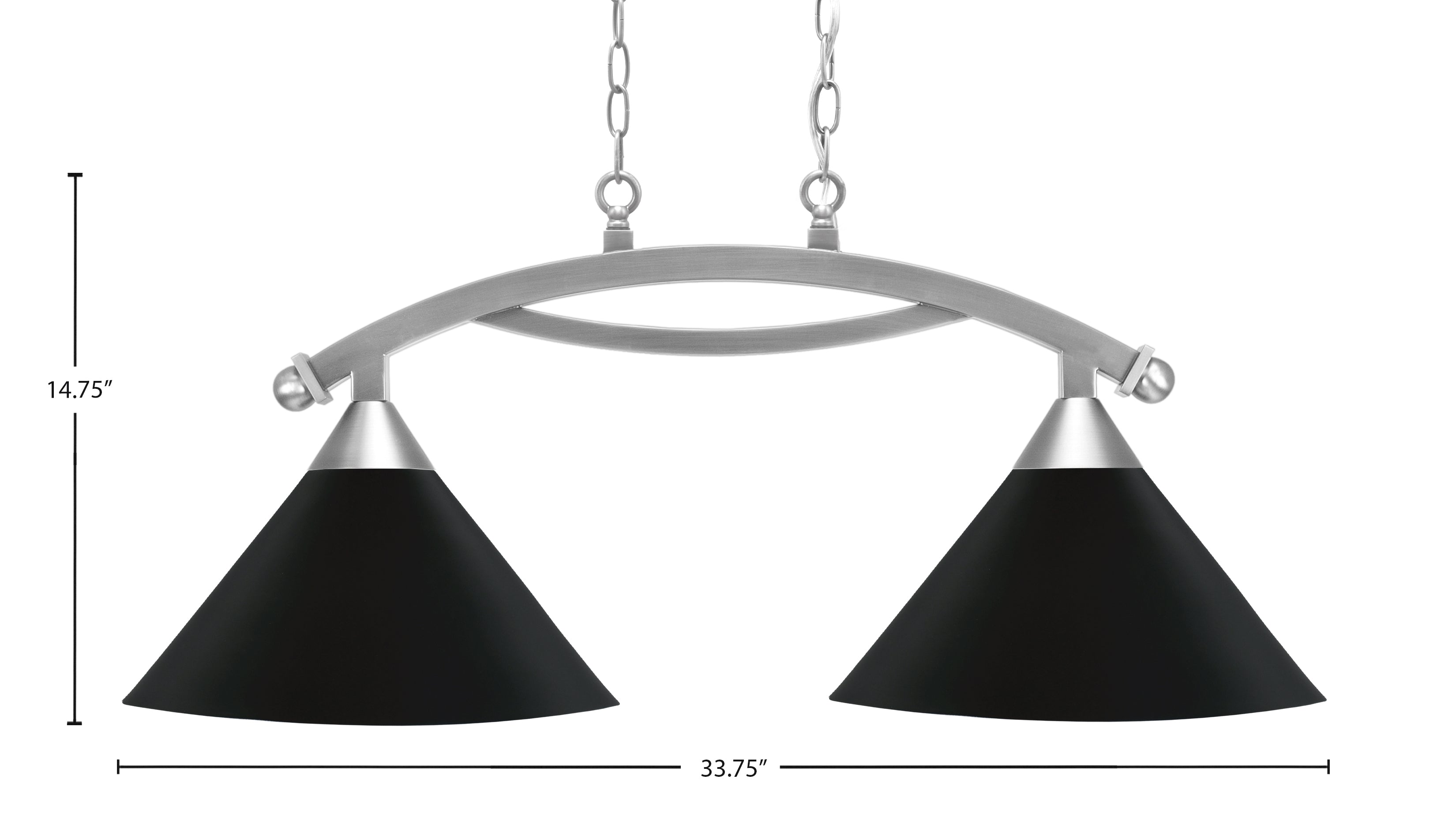 Bow Two Light Island Pendant in Brushed Nickel with Matte Black Cone Metal Shades Shade