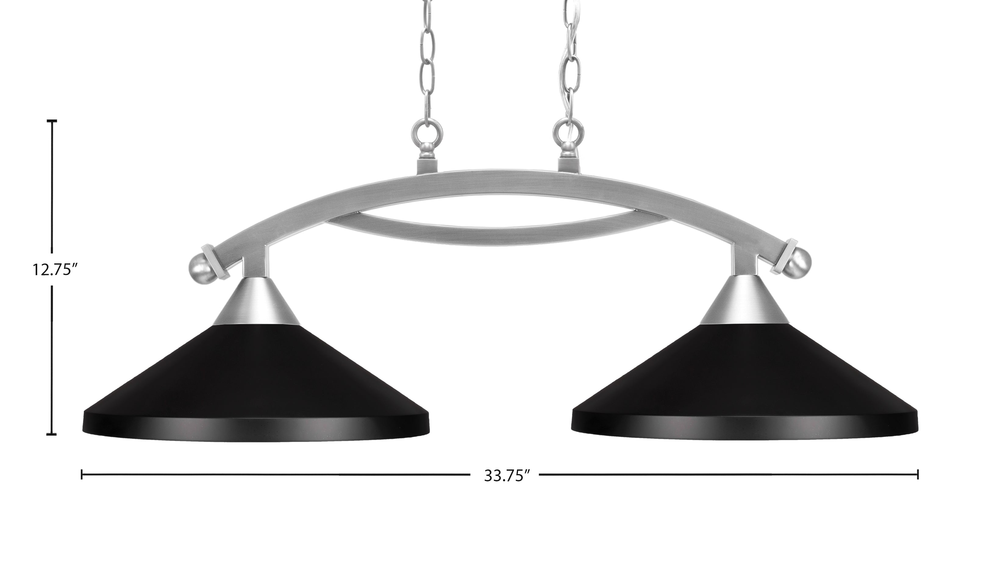Bow Two Light Island Pendant in Brushed Nickel with Matte Black Cone Metal Shades Shade