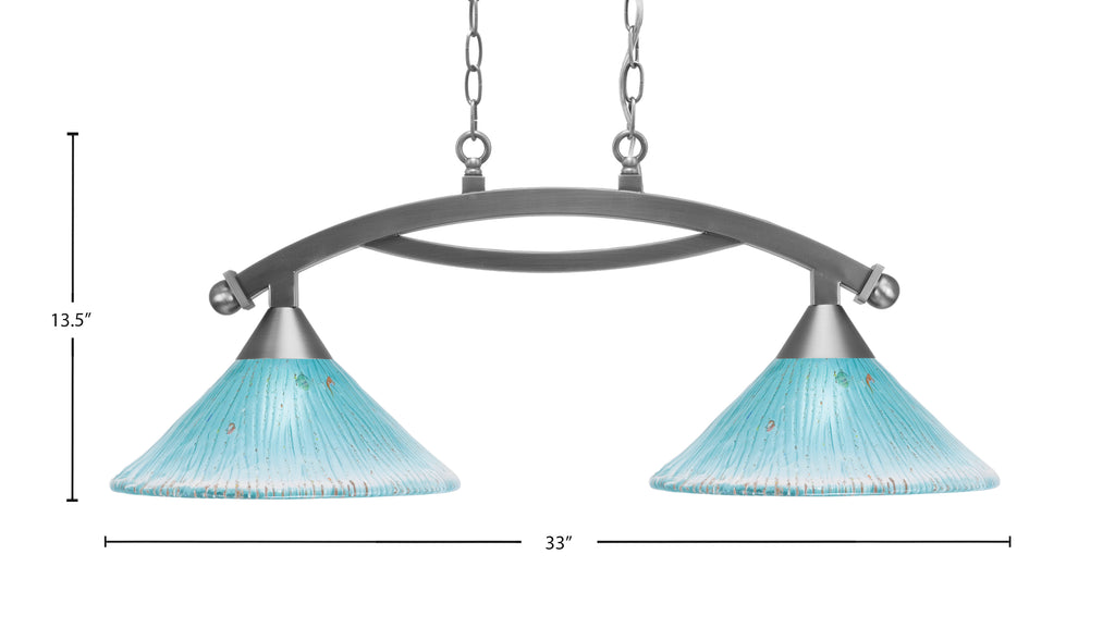 Bow Two Light Island Pendant in Brushed Nickel with 12" Teal Crystal Shade