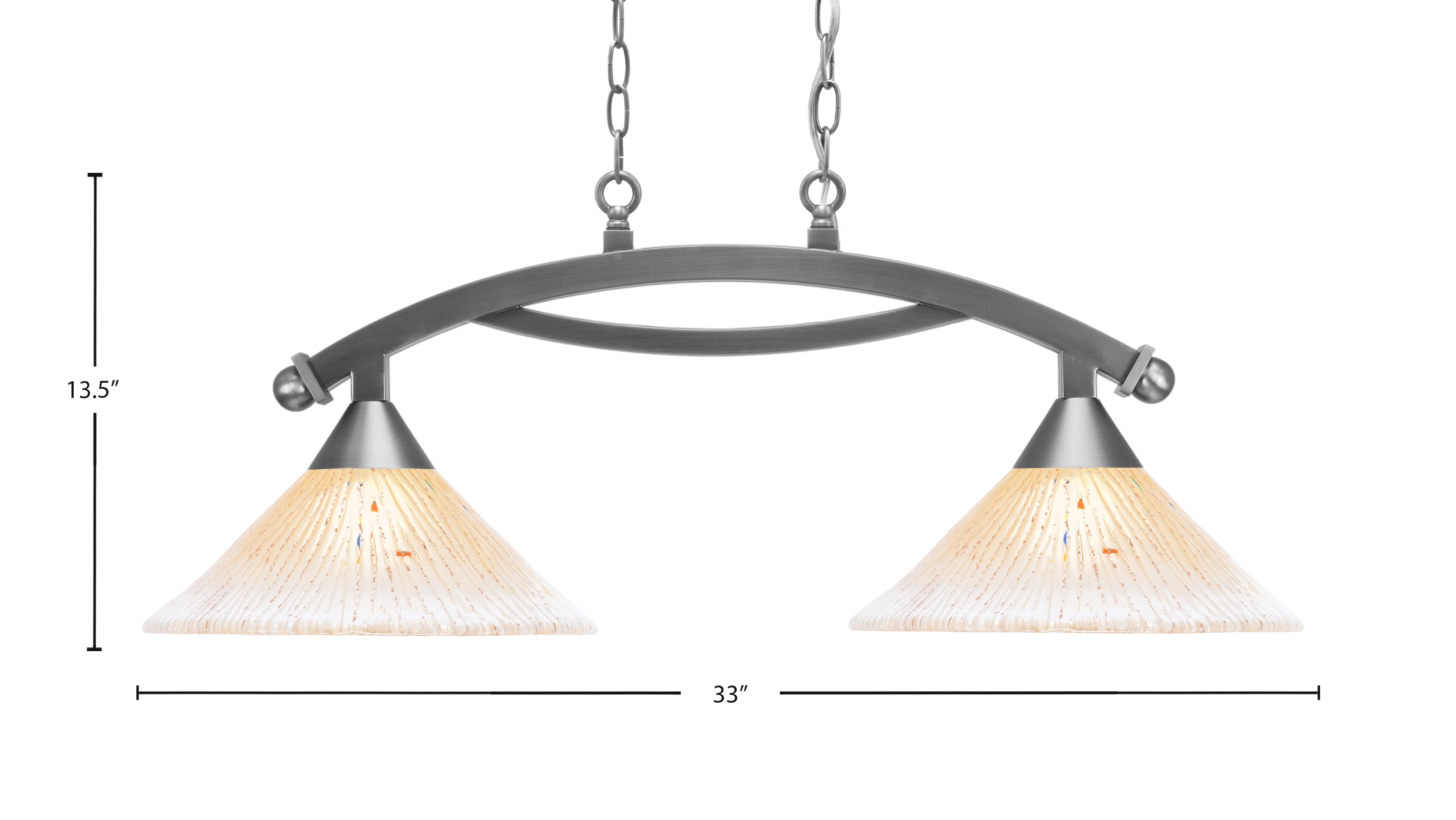 Bow Two Light Island Pendant in Brushed Nickel with 12" Amber Crystal Shade