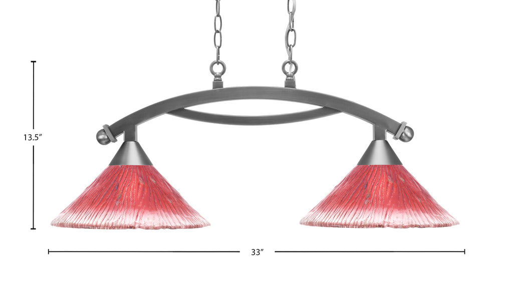 Bow Two Light Island Pendant in Brushed Nickel with 12" Raspberry Crystal Shade